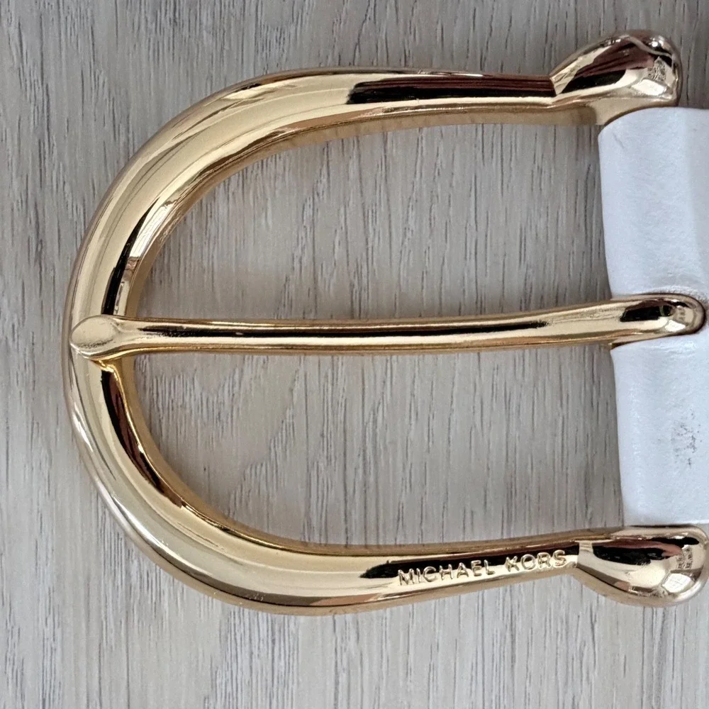 Michael Kors White Braided Leather Belt Gold Buckle MK Logo Charms Y2K XL